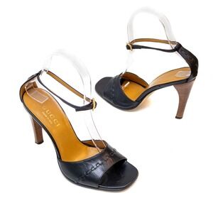 Gucci Black Leather Stacked Heel Ankle Strap Sandal Peep‎ Toe  Pumps US:6B